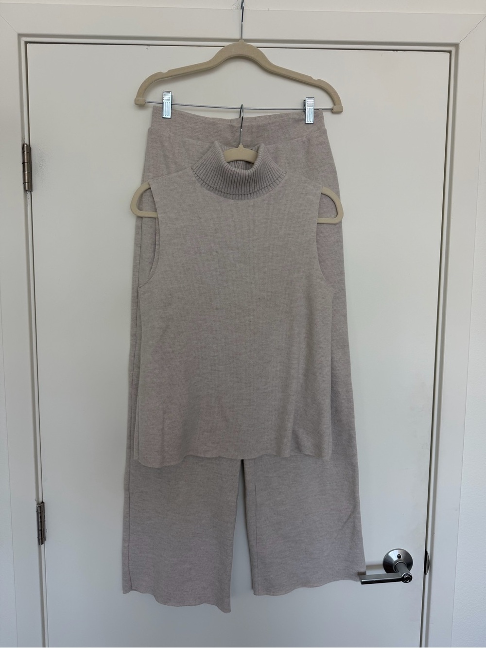 Zara Sleeveless Turtleneck Wide-Leg Knit Set in Light Taupe